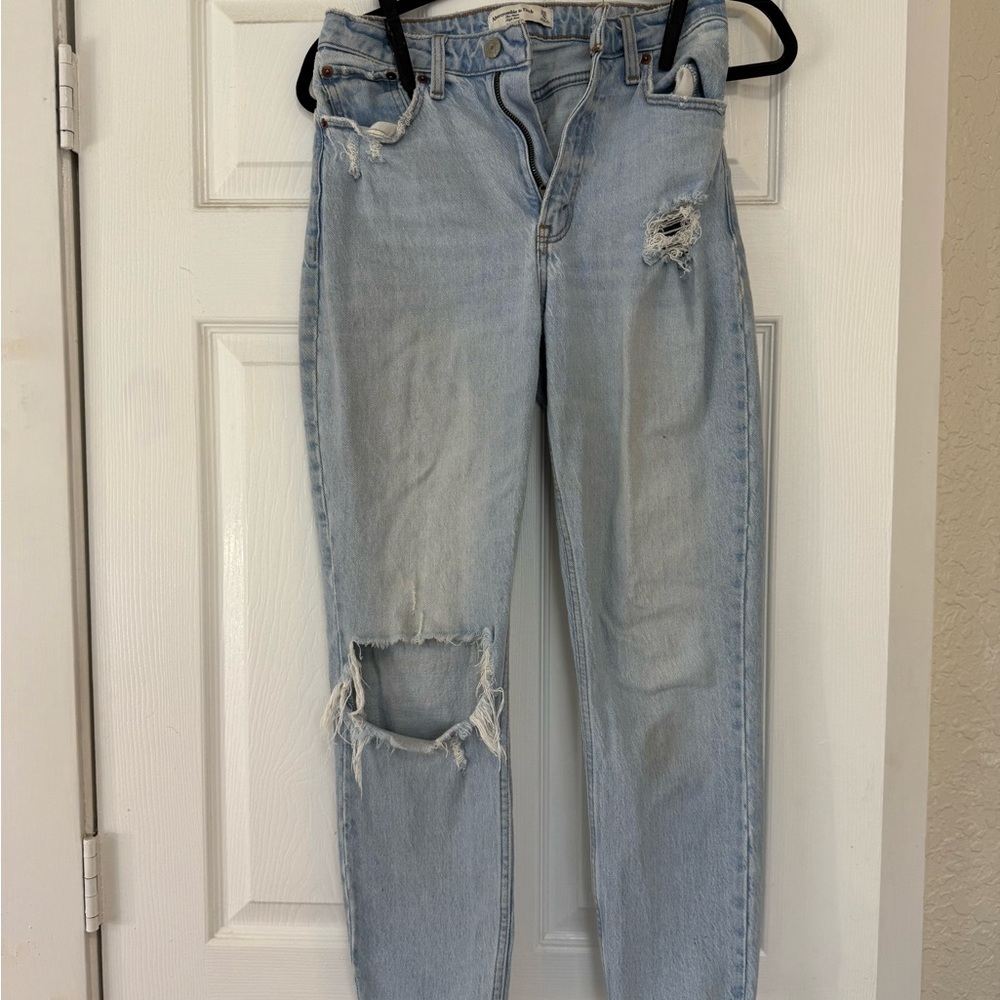 Abercrombie & Fitch Light Blue Distressed Mom Jeans Curve Love
